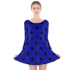 Large Black Polka Dots On Admiral Blue - Long Sleeve Velvet Skater Dress by FashionLane