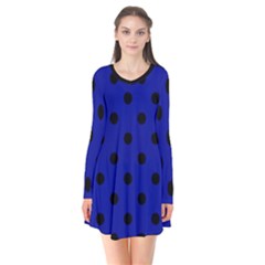 Large Black Polka Dots On Admiral Blue - Long Sleeve V-neck Flare Dress by FashionLane