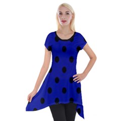 Large Black Polka Dots On Admiral Blue - Short Sleeve Side Drop Tunic by FashionLane