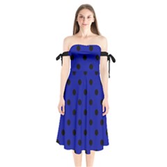 Large Black Polka Dots On Admiral Blue - Shoulder Tie Bardot Midi Dress by FashionLane