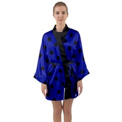 Large Black Polka Dots On Admiral Blue - Long Sleeve Satin Kimono by FashionLane