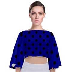 Large Black Polka Dots On Admiral Blue - Tie Back Butterfly Sleeve Chiffon Top by FashionLane