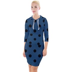 Large Black Polka Dots On Aegean Blue - Quarter Sleeve Hood Bodycon Dress