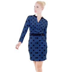 Large Black Polka Dots On Aegean Blue - Button Long Sleeve Dress