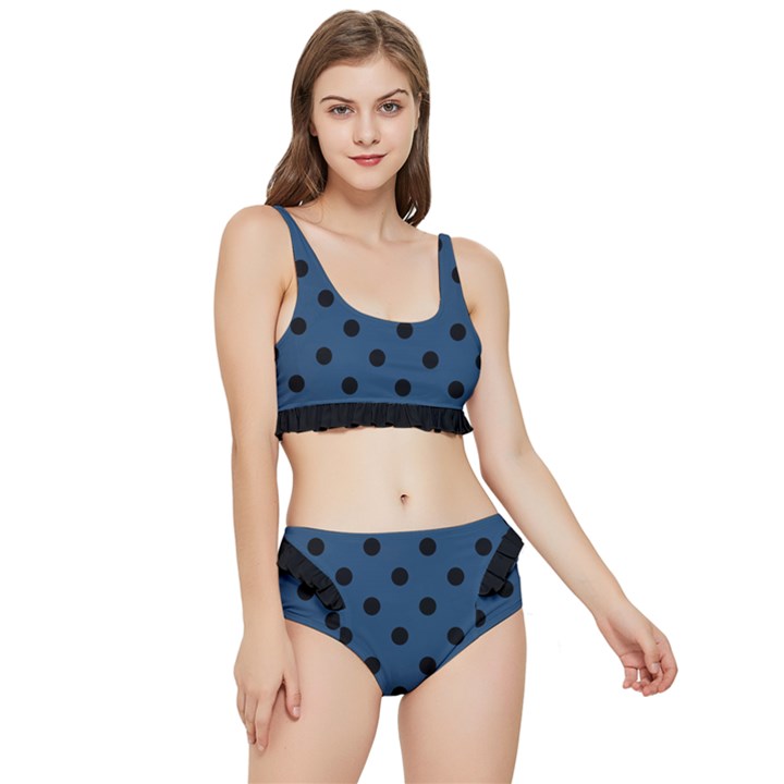 Large Black Polka Dots On Aegean Blue - Frilly Bikini Set