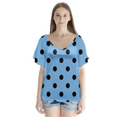 Large Black Polka Dots On Aero Blue - V-neck Flutter Sleeve Top by FashionLane