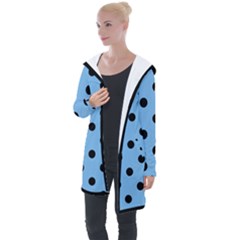 Large Black Polka Dots On Aero Blue - Longline Hooded Cardigan by FashionLane