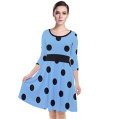 Large Black Polka Dots On Aero Blue - Quarter Sleeve Waist Band Dress by FashionLane