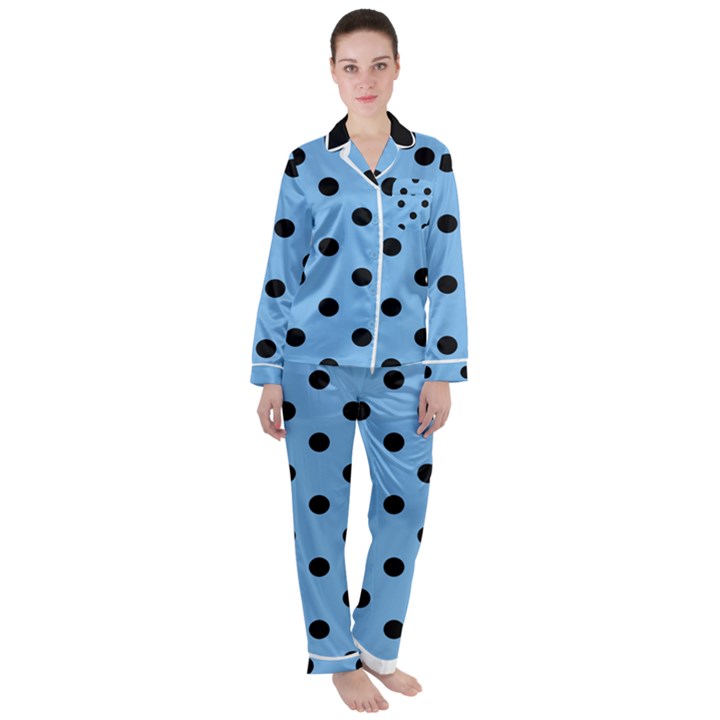 Large Black Polka Dots On Aero Blue - Satin Long Sleeve Pajamas Set