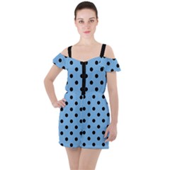 Large Black Polka Dots On Aero Blue - Ruffle Cut Out Chiffon Playsuit by FashionLane