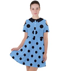 Large Black Polka Dots On Aero Blue - Short Sleeve Shoulder Cut Out Dress  by FashionLane