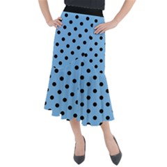 Large Black Polka Dots On Aero Blue - Midi Mermaid Skirt by FashionLane