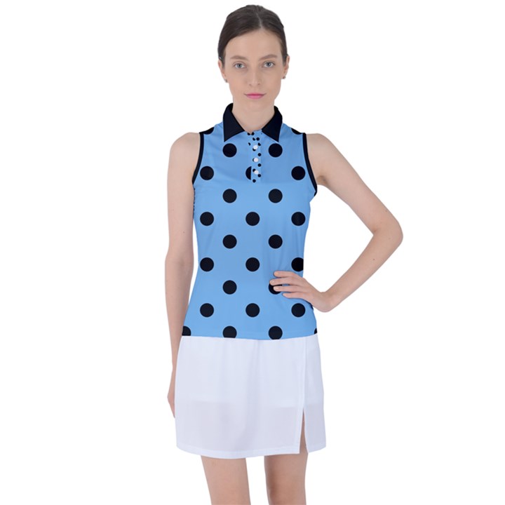 Large Black Polka Dots On Aero Blue - Women s Sleeveless Polo Tee