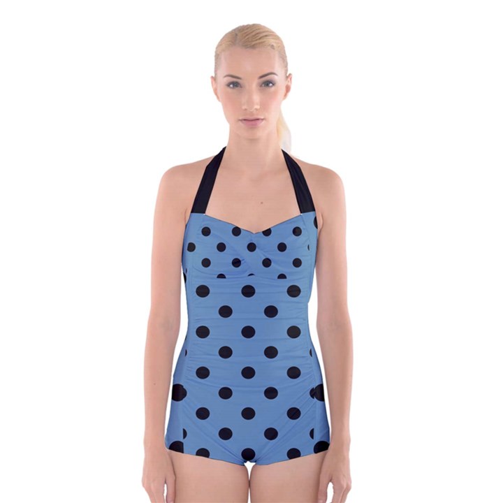 Large Black Polka Dots On Air Force Blue - Boyleg Halter Swimsuit 