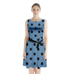 Large Black Polka Dots On Air Force Blue - Sleeveless Waist Tie Chiffon Dress by FashionLane