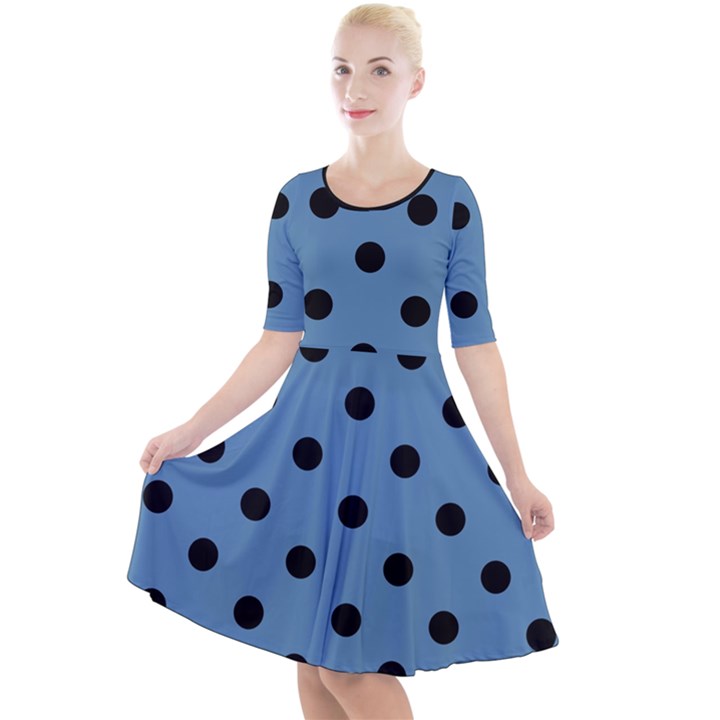 Large Black Polka Dots On Air Force Blue - Quarter Sleeve A-Line Dress