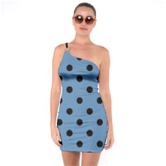 Large Black Polka Dots On Air Force Blue - One Soulder Bodycon Dress by FashionLane