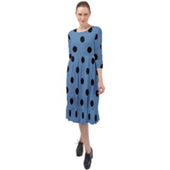 Large Black Polka Dots On Air Force Blue - Ruffle End Midi Chiffon Dress by FashionLane