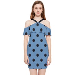 Large Black Polka Dots On Air Force Blue - Shoulder Frill Bodycon Summer Dress by FashionLane