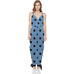 Large Black Polka Dots On Air Force Blue - Sleeveless Tie Ankle Jumpsuit by FashionLane