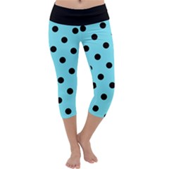 Large Black Polka Dots On Arctic Blue - Capri Yoga Leggings by FashionLane