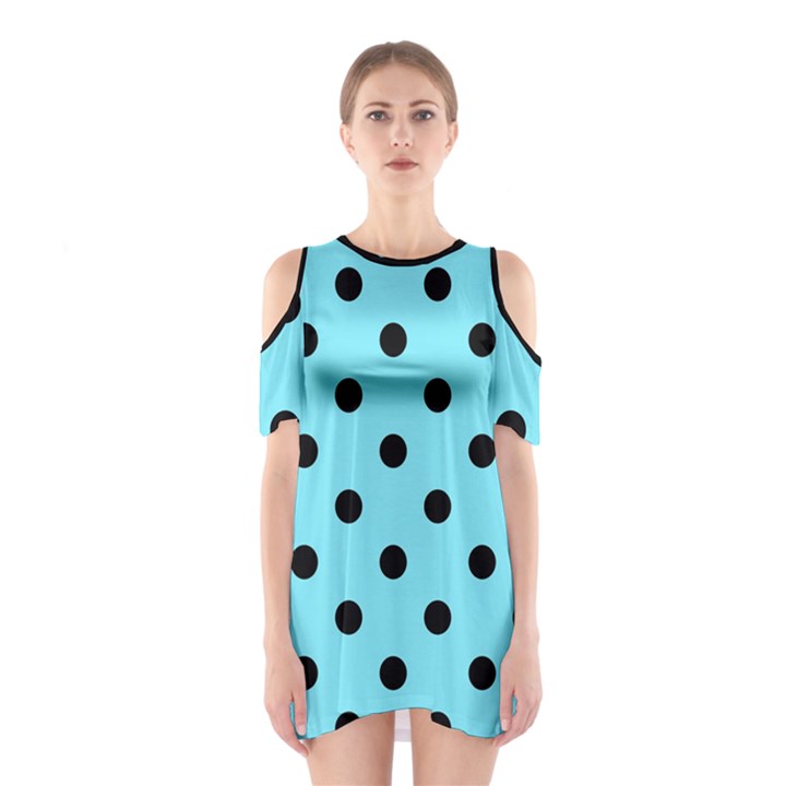 Large Black Polka Dots On Arctic Blue - Shoulder Cutout One Piece Dress