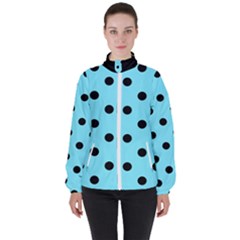 Large Black Polka Dots On Arctic Blue - Women s High Neck Windbreaker by FashionLane