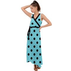 Large Black Polka Dots On Arctic Blue - V-neck Chiffon Maxi Dress by FashionLane