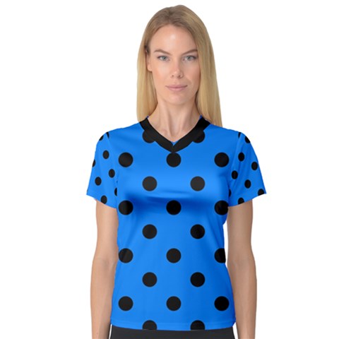 Large Black Polka Dots On Azure Blue - V-neck Sport Mesh Tee by FashionLane