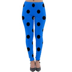 Large Black Polka Dots On Azure Blue - Lightweight Velour Leggings by FashionLane