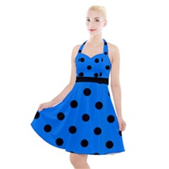 Large Black Polka Dots On Azure Blue - Halter Party Swing Dress  by FashionLane