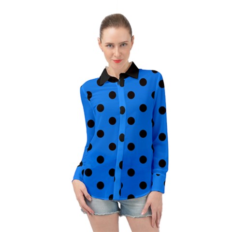 Large Black Polka Dots On Azure Blue - Long Sleeve Chiffon Shirt by FashionLane