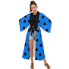 Large Black Polka Dots On Azure Blue - Maxi Kimono by FashionLane