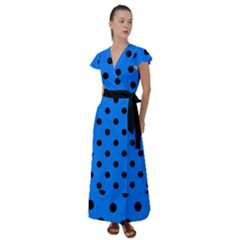 Large Black Polka Dots On Azure Blue - Flutter Sleeve Maxi Dress by FashionLane