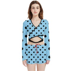 Large Black Polka Dots On Baby Blue - Velvet Wrap Crop Top And Shorts Set by FashionLane