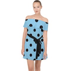 Large Black Polka Dots On Baby Blue - Off Shoulder Chiffon Dress by FashionLane