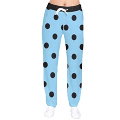 Large Black Polka Dots On Baby Blue - Women Velvet Drawstring Pants by FashionLane