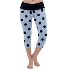 Large Black Polka Dots On Beau Blue - Capri Yoga Leggings by FashionLane