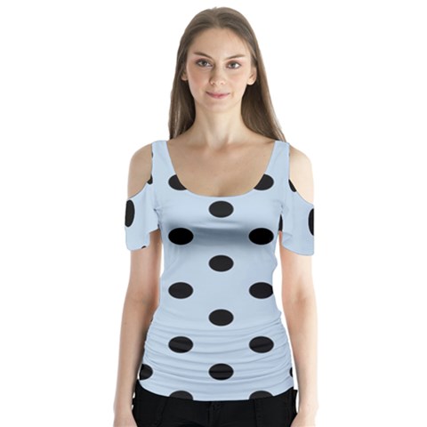 Large Black Polka Dots On Beau Blue - Butterfly Sleeve Cutout Tee  by FashionLane