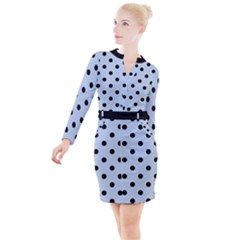 Large Black Polka Dots On Beau Blue - Button Long Sleeve Dress by FashionLane