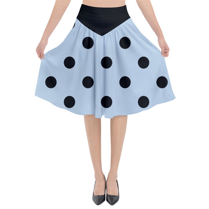 Large Black Polka Dots On Beau Blue - Flared Midi Skirt