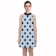 Large Black Polka Dots On Beau Blue - Velvet Halter Neckline Dress  by FashionLane