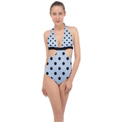 Large Black Polka Dots On Beau Blue - Halter Front Plunge Swimsuit by FashionLane