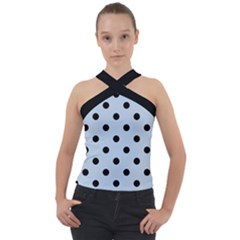 Large Black Polka Dots On Beau Blue - Cross Neck Velour Top by FashionLane