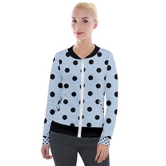 Large Black Polka Dots On Beau Blue - Velvet Zip Up Jacket by FashionLane