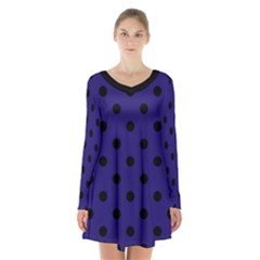 Large Black Polka Dots On Berry Blue - Long Sleeve Velvet V-neck Dress by FashionLane