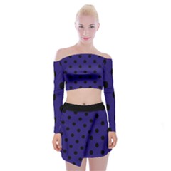 Large Black Polka Dots On Berry Blue - Off Shoulder Top With Mini Skirt Set by FashionLane