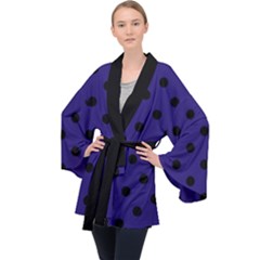 Large Black Polka Dots On Berry Blue - Long Sleeve Velvet Kimono  by FashionLane