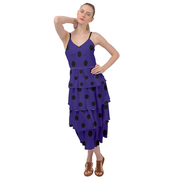 Large Black Polka Dots On Berry Blue - Layered Bottom Dress