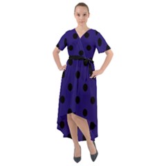 Large Black Polka Dots On Berry Blue - Front Wrap High Low Dress by FashionLane